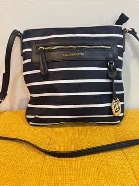 Liz Claiborne Black and White Striped Crossbody with Gold Accent